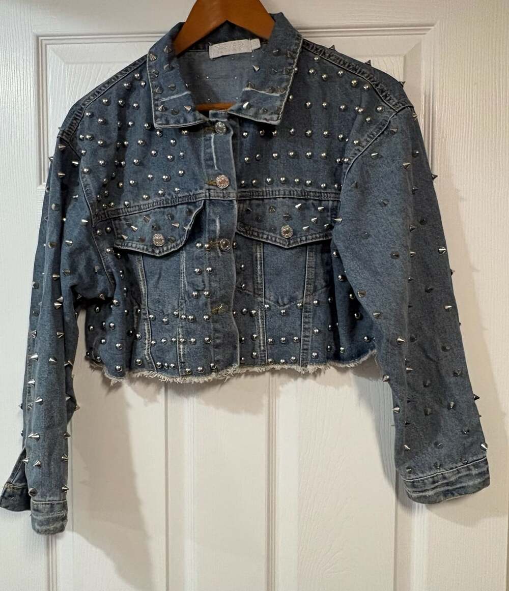 Unbranded Studded Cropped Denim Jacket Blue